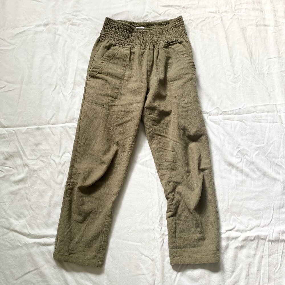 Emme Mama Transitional Maternity Smocked Linen Pant Women's XS Olive Green